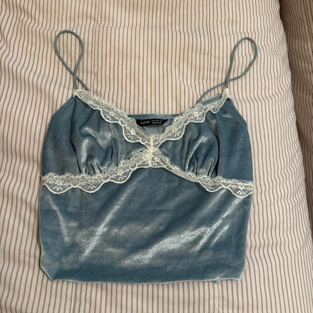 SHEIN Green Bustier Camisole Top with White Lace Trim